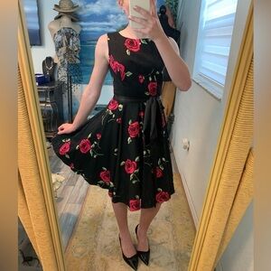 NWT Grace Karin,Black w/ Roses, Fit & Flare,No Stretch,Pure Cotton,Dress,Size M